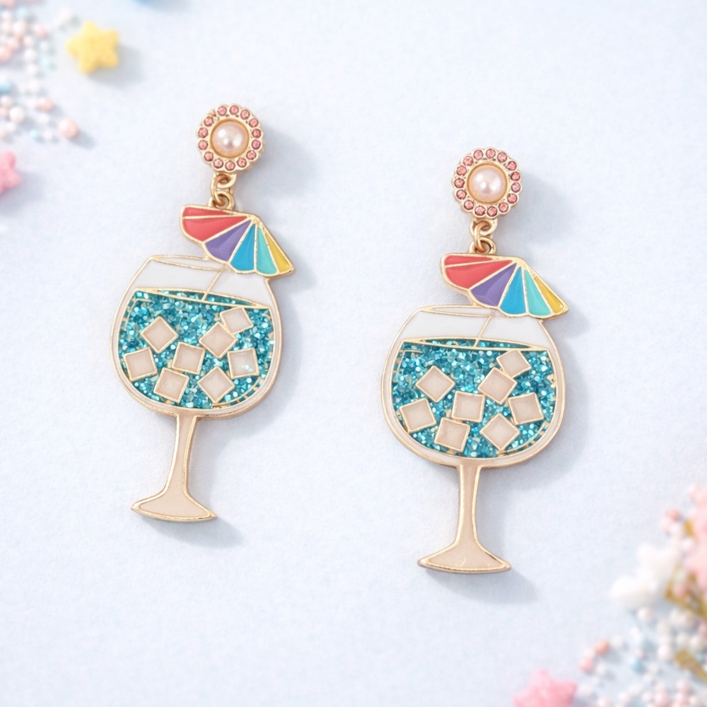 ❤️ FREE Alcohol Drink Margarita Umbrella Fruit Vacation Rhinestone Earrings